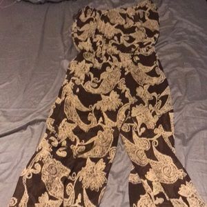 Brown printed strapless jumpsuit.